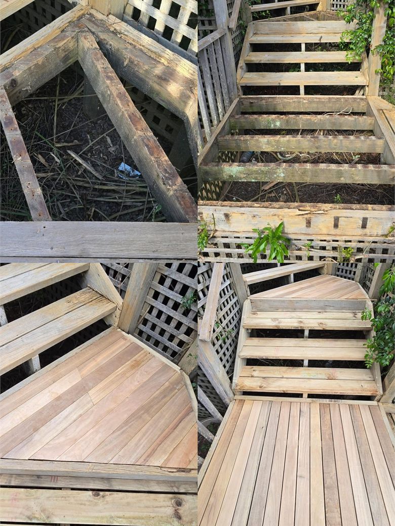 Before and after: broken deck boards and collapsed steps above, and below the rebuilt deck with new treads and lattice screening